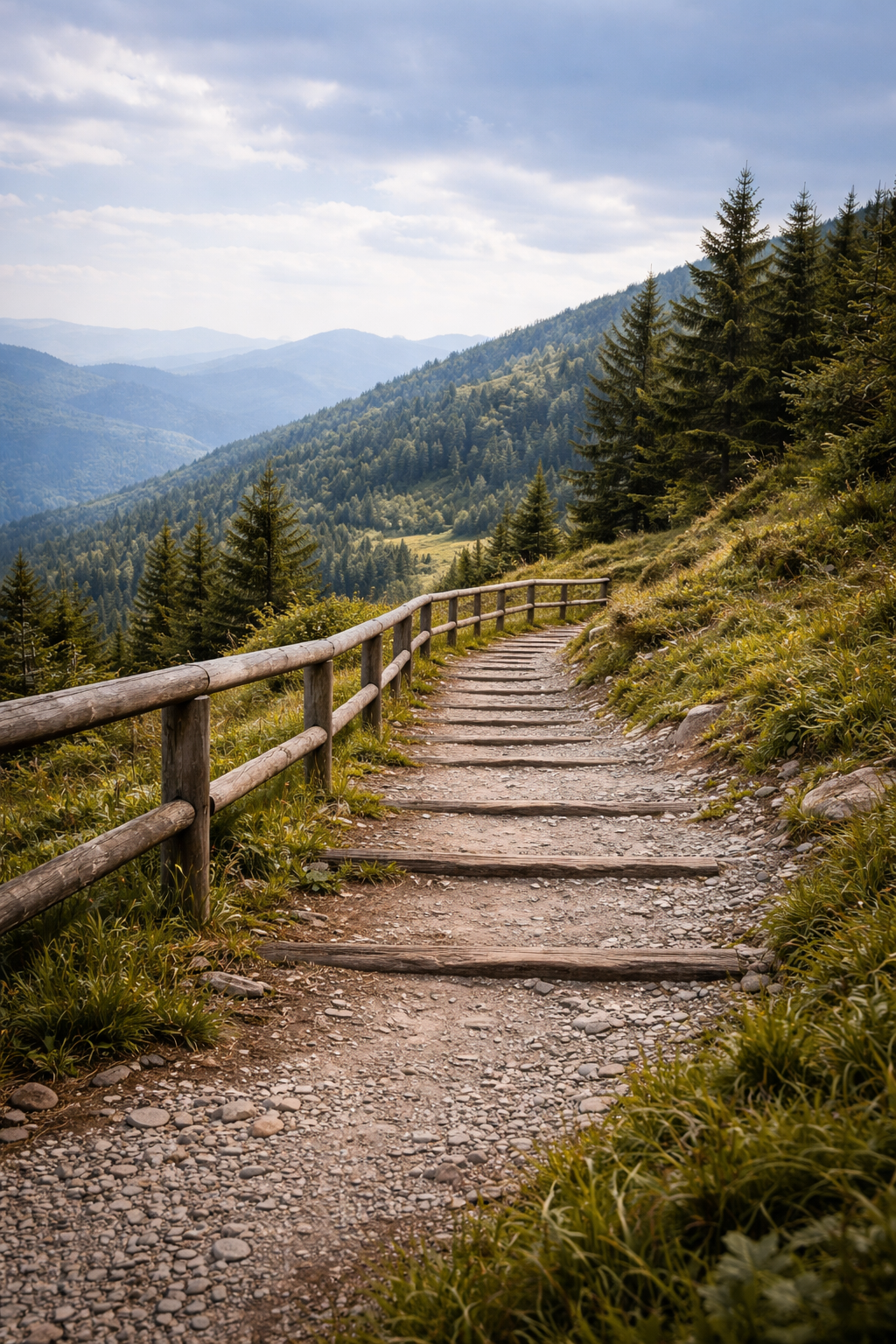Sendero de montaña con escalones de madera y barandilla, ideal para rutas fáciles y principiantes