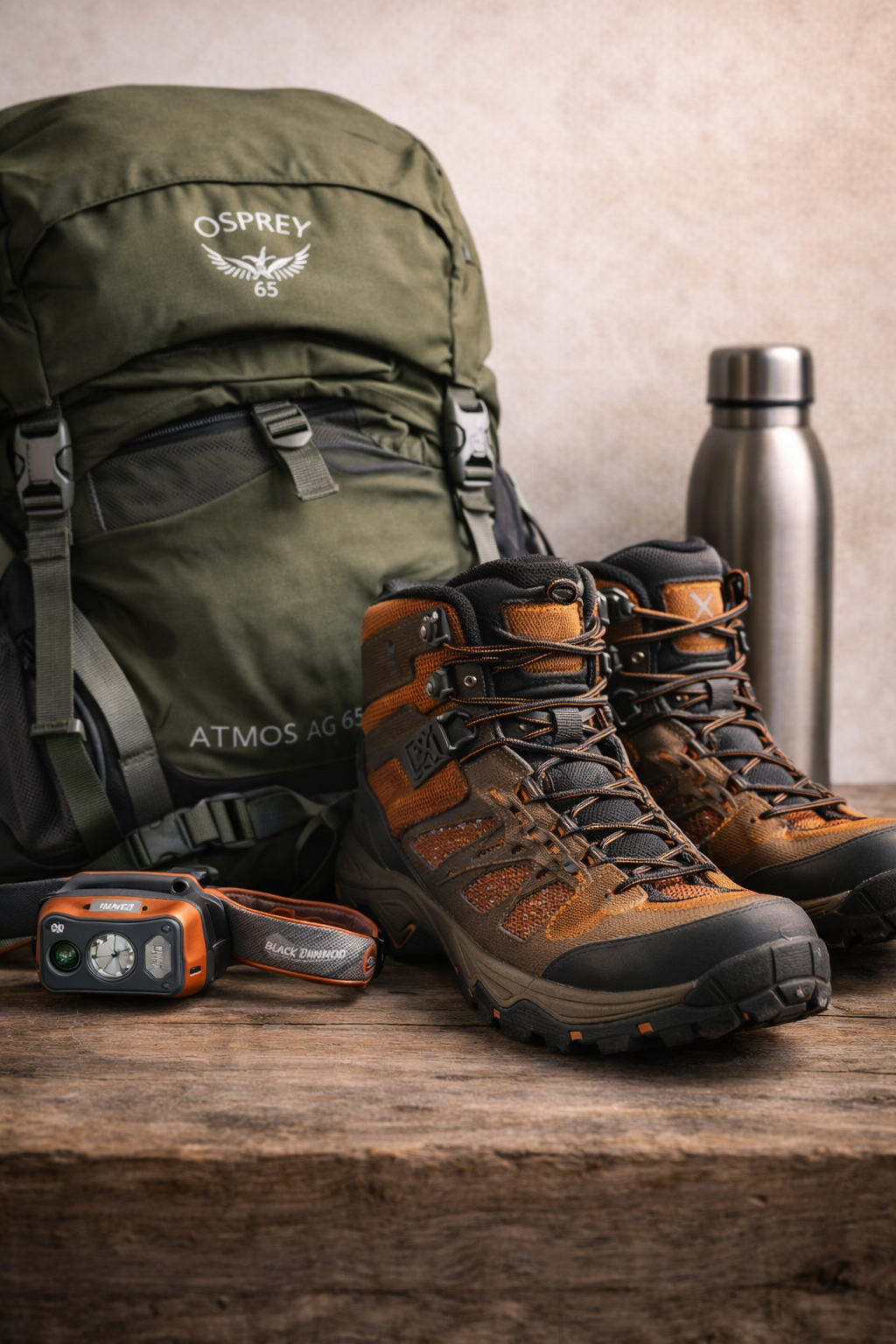 Equipo básico de senderismo organizado con mochila, botas y material esencial para rutas de iniciación