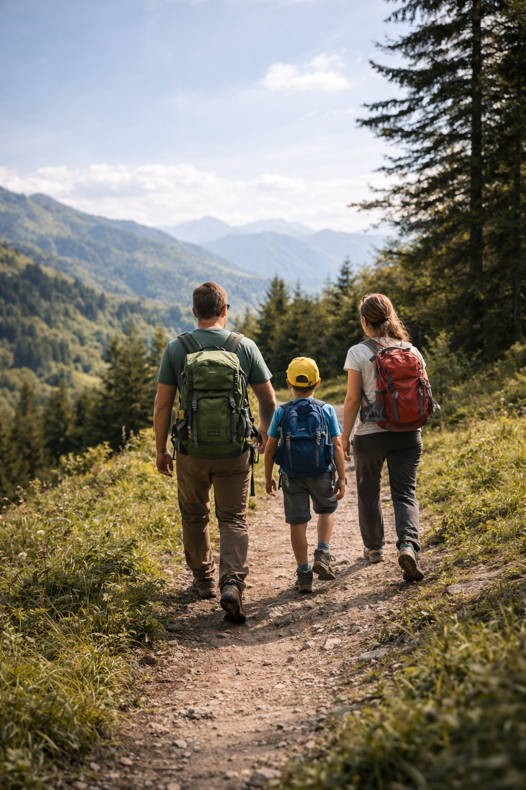 Familia haciendo senderismo por un camino de montaña fácil, ideal para rutas para principiantes