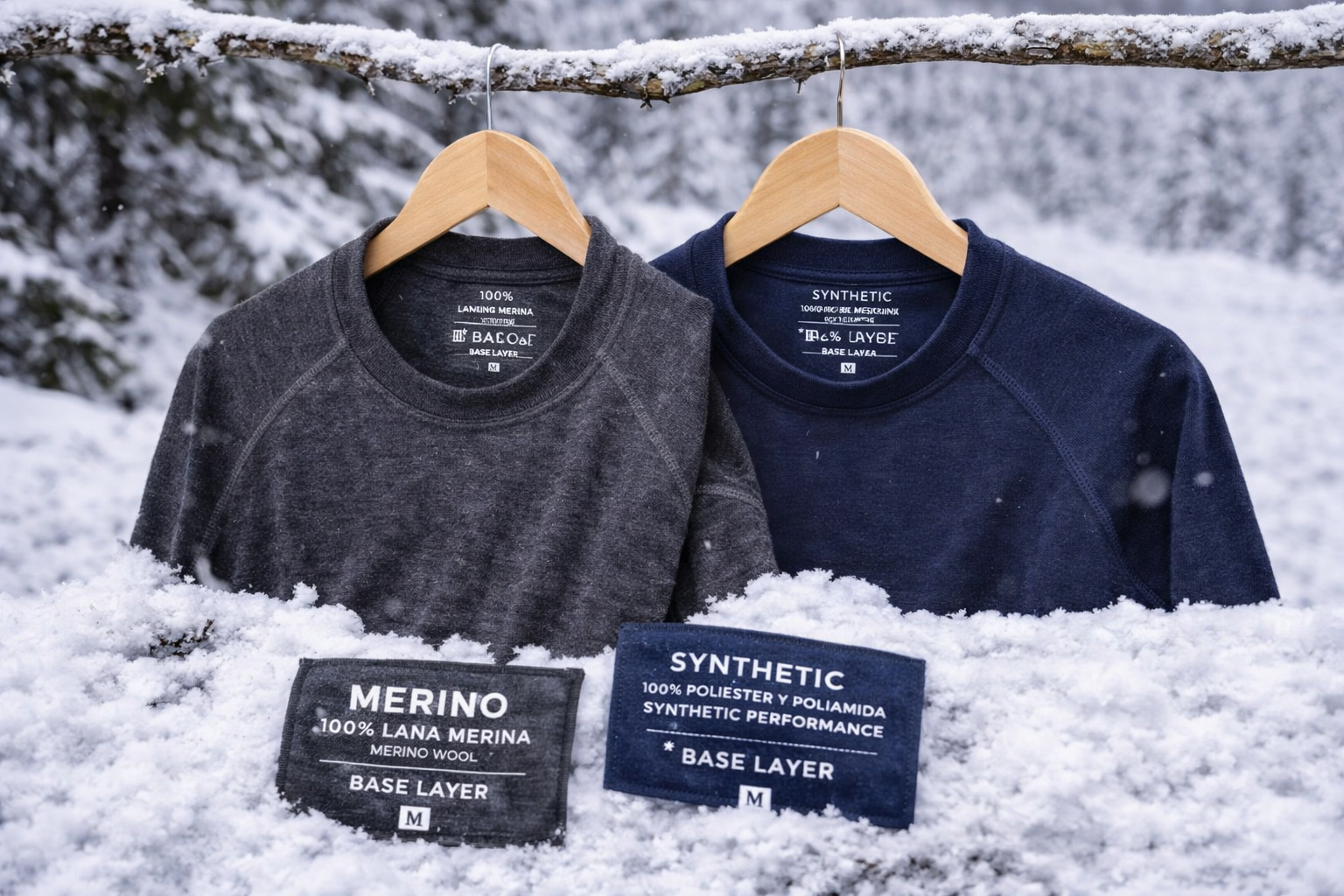 Camisetas térmicas de primera capa (merino y sintética) con etiquetas visibles en un entorno nevado.