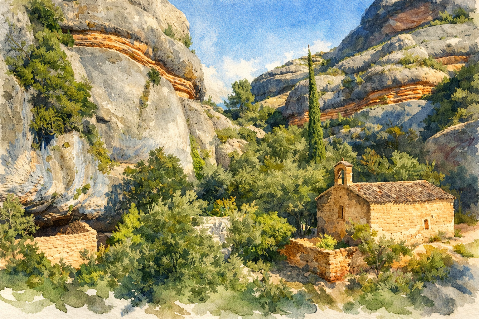 Acuarela de la Ermita de Sant Bartomeu entre montañas y vegetación en el Congost de Fraguerau (Montsant).