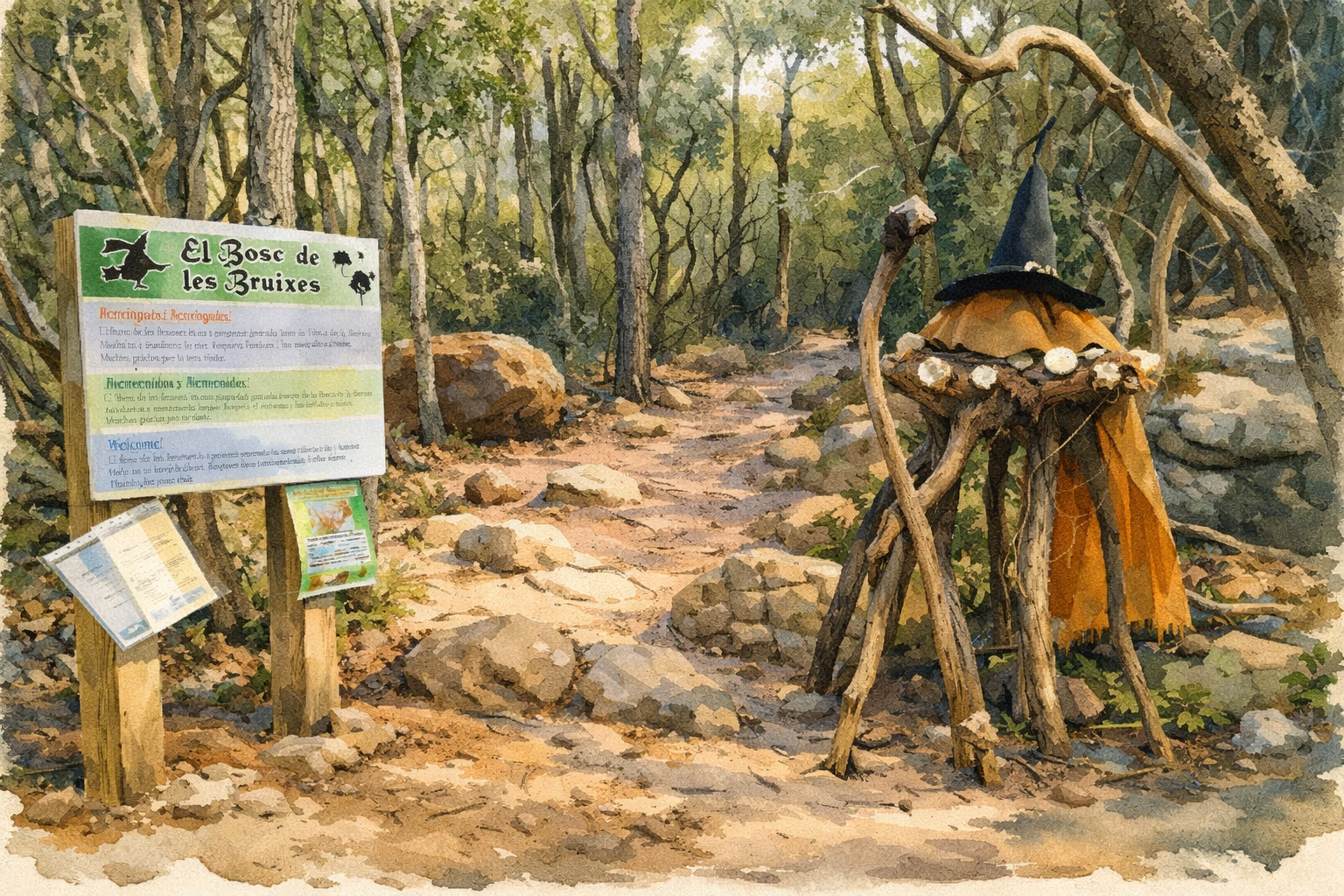Acuarela del Bosc de les Bruixes con cartel informativo y figura de bruja en el sendero forestal.
