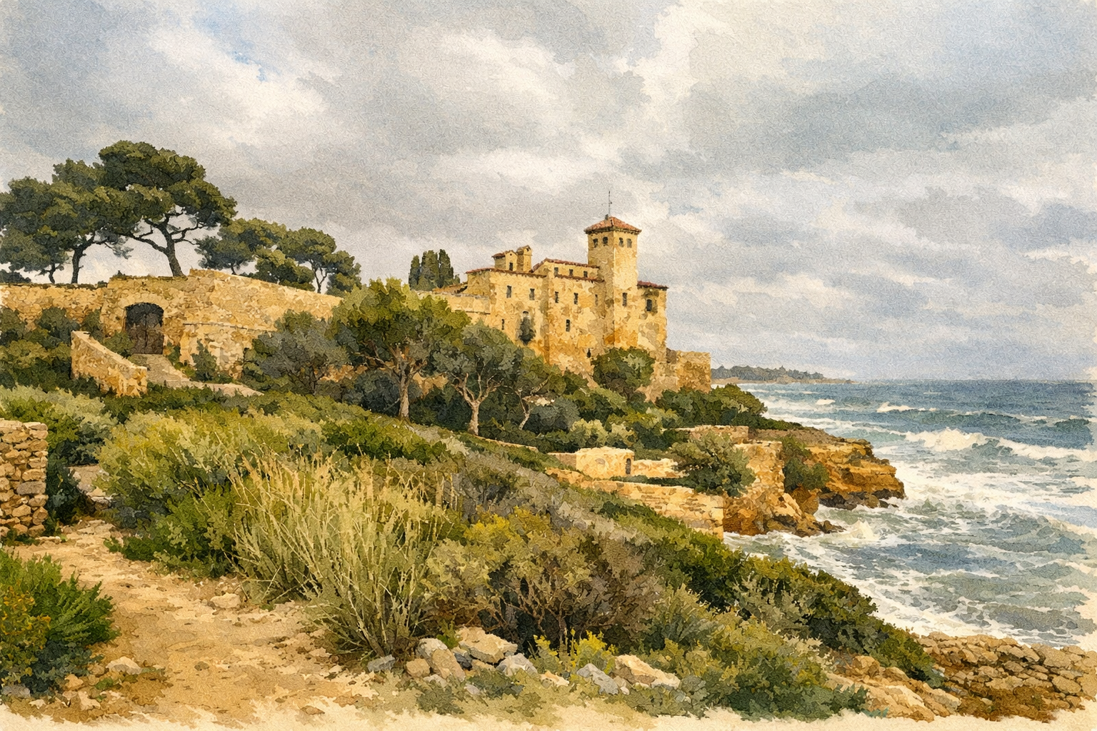 Acuarela del Castillo de Tamarit frente al mar Mediterráneo en Tarragona.