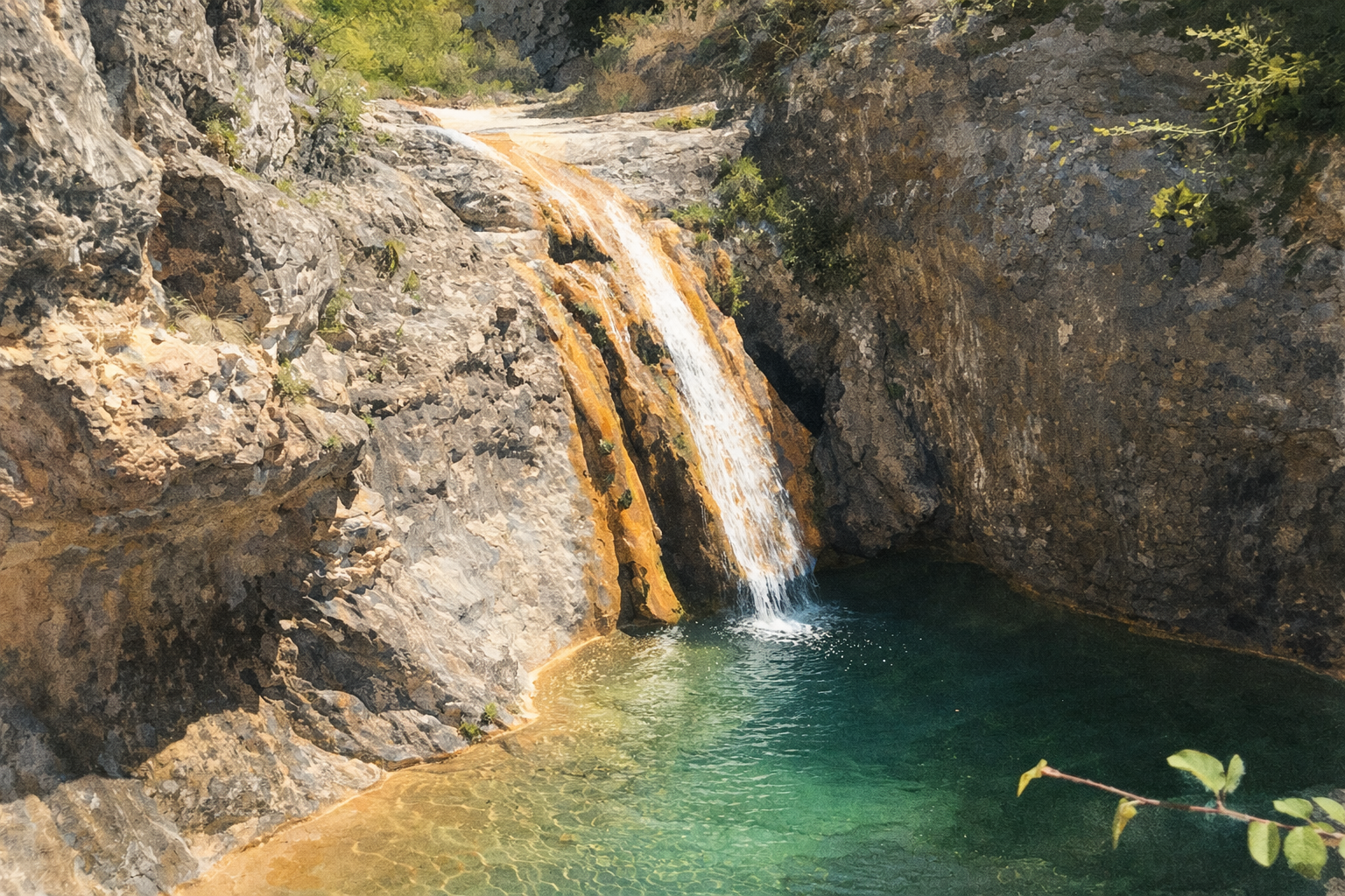 Acuarela de una cascada natural cayendo sobre una poza de agua verde esmeralda en un entorno rocoso.