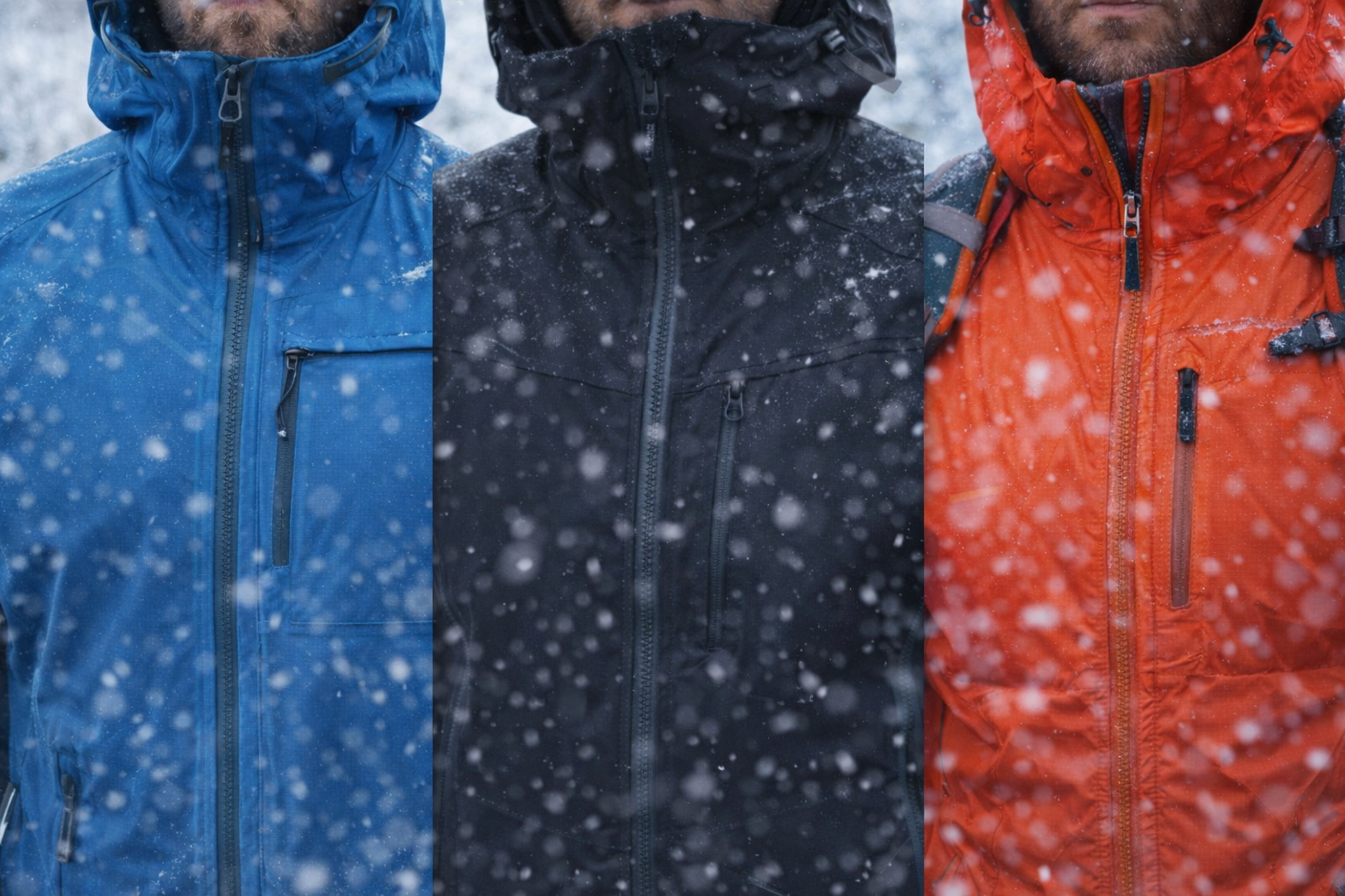 Senderista en invierno con chaqueta hardshell roja, capucha y mochila, bajo nieve en un bosque nevado.