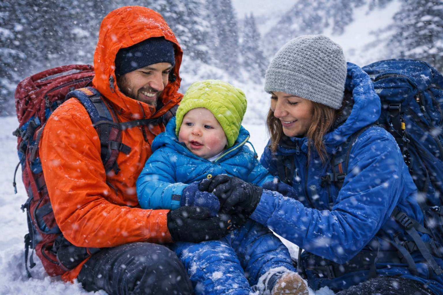 Familia con bebé abrigado correctamente en una ruta de montaña en invierno