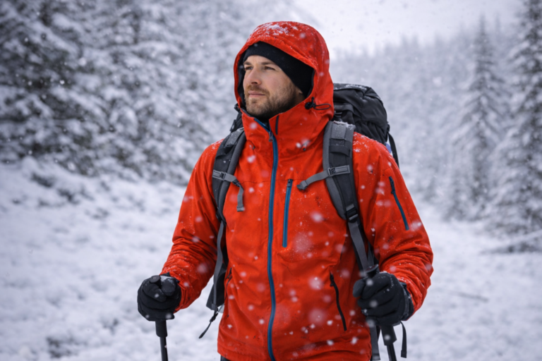 Senderista en invierno con chaqueta hardshell roja, capucha y mochila, bajo nieve en un bosque nevado.