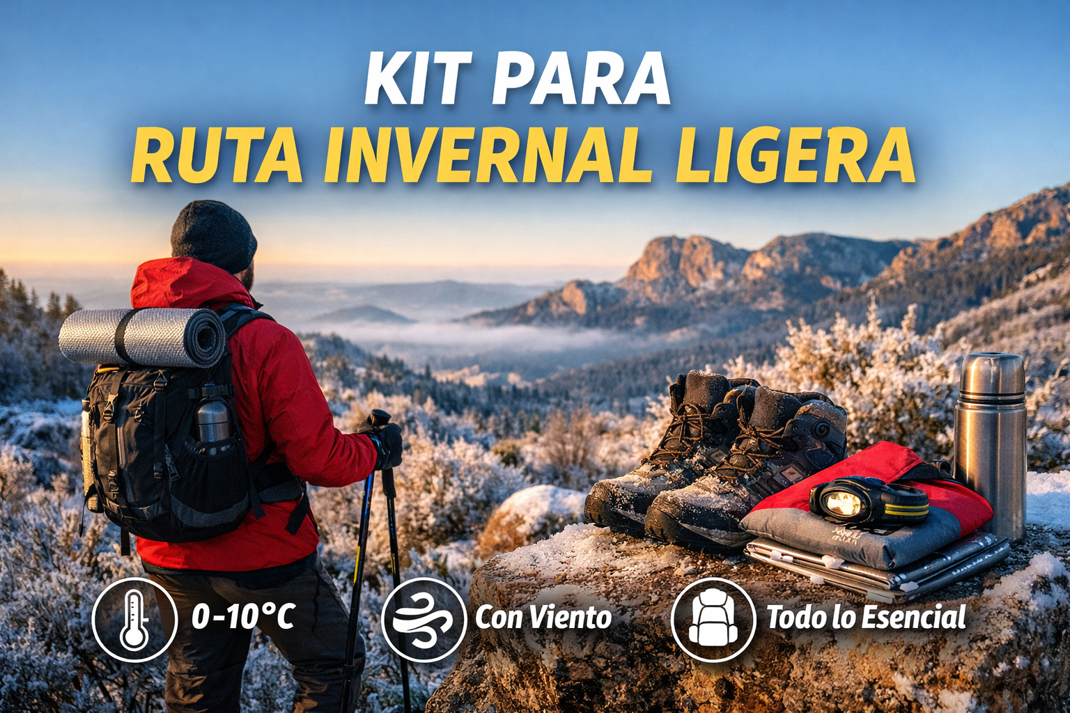 Kit para ruta ligera invernal (0–10°C) con viento: ropa por capas, botas, frontal y termo en montaña