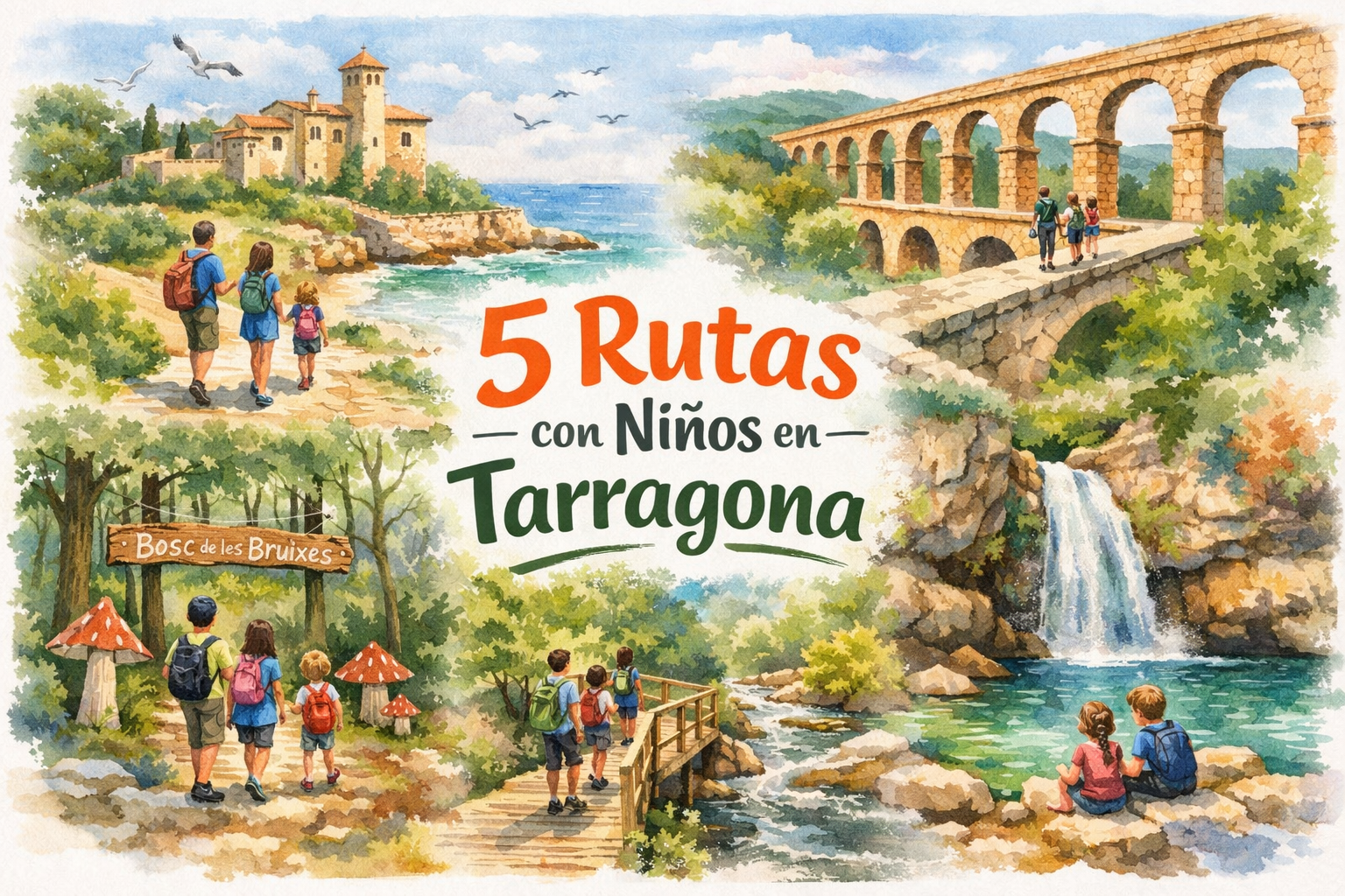 Collage en acuarela de rutas familiares por Tarragona: montaña, costa, pozas y monumentos.